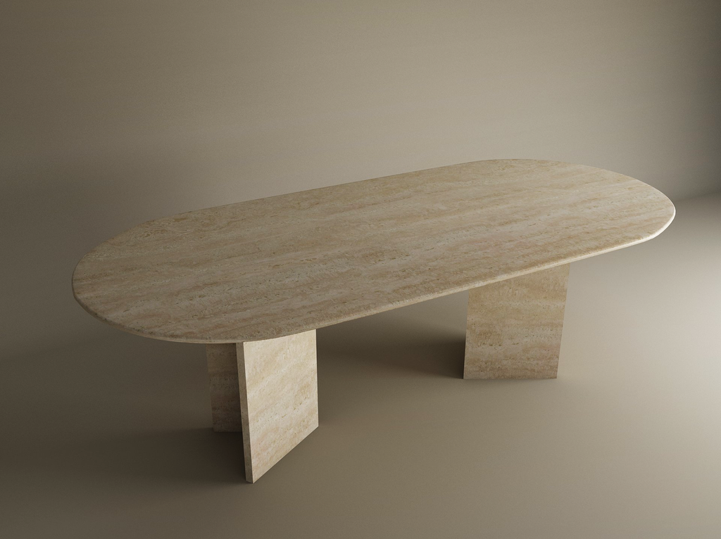Velia – Table à manger ovale en travertin naturel avec piètement en V-Galerie Pietra