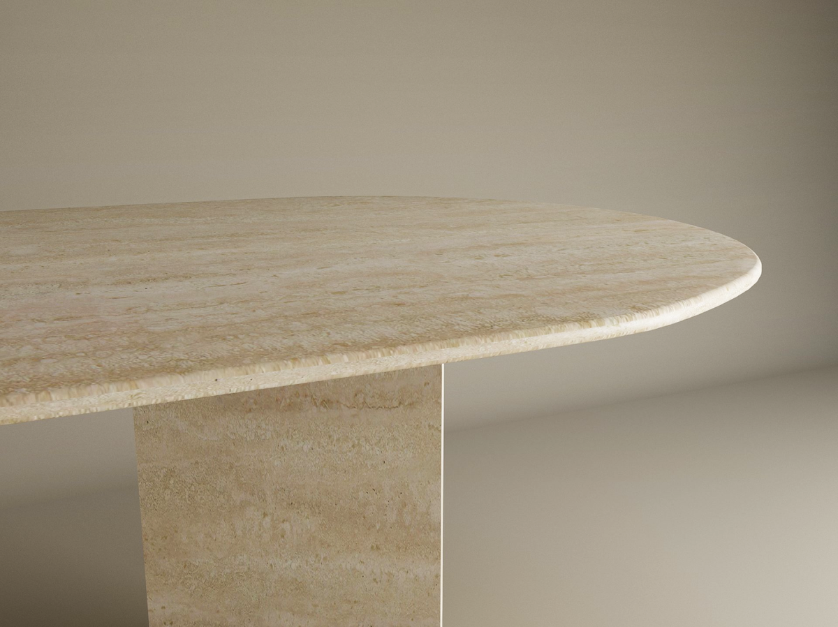 Velia – Table à manger ovale en travertin naturel avec piètement en V-Galerie Pietra
