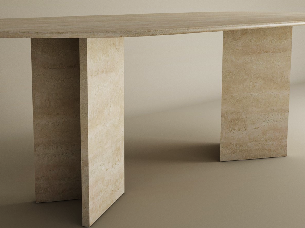 Velia – Table à manger ovale en travertin naturel avec piètement en V-Galerie Pietra