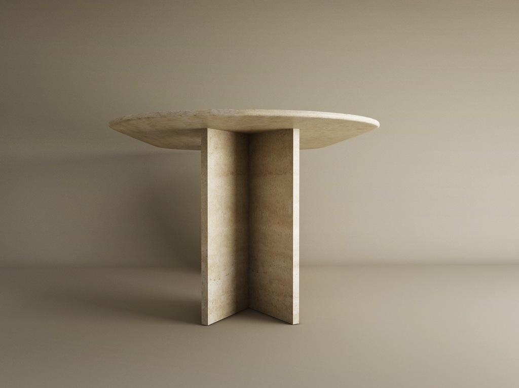 Velia – Table à manger ovale en travertin naturel avec piètement en V-Galerie Pietra