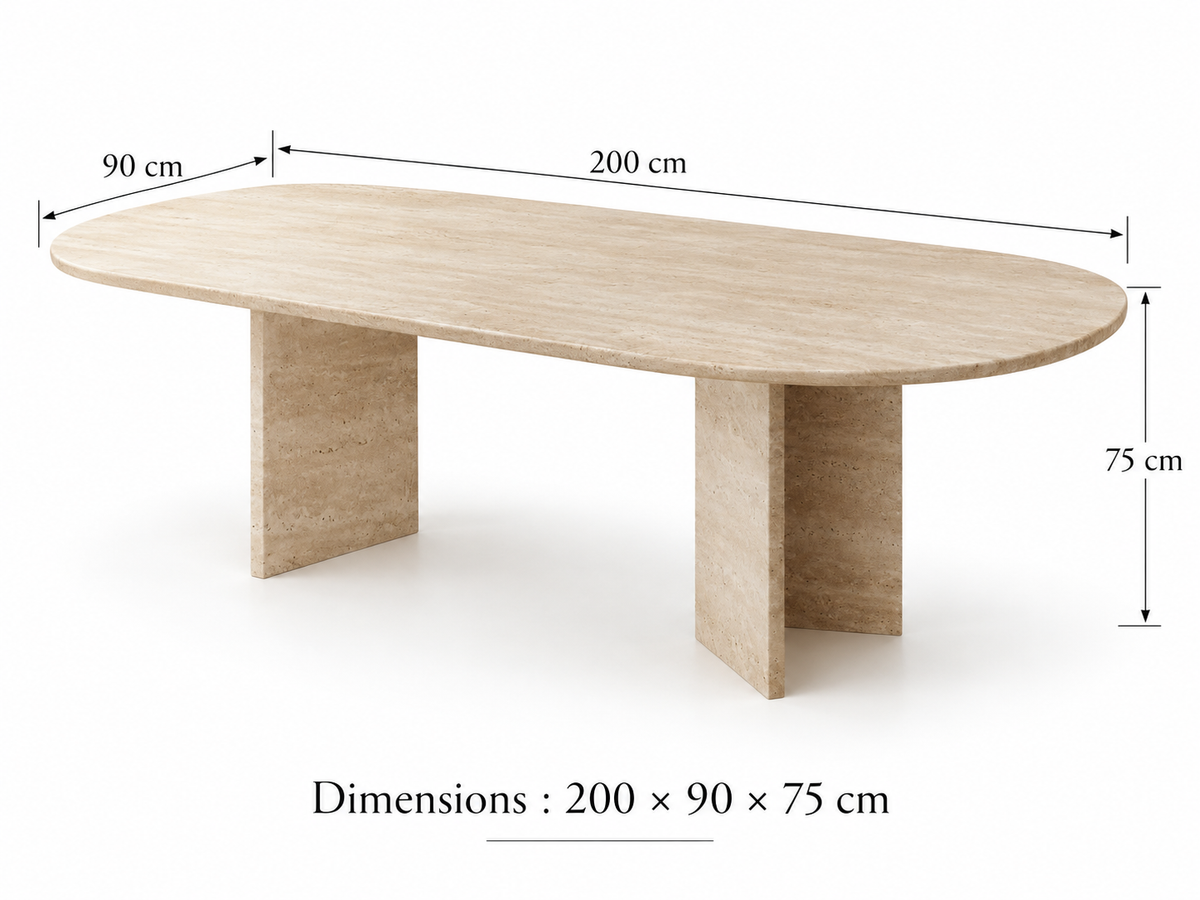 Velia – Table à manger ovale en travertin naturel avec piètement en V-Galerie Pietra