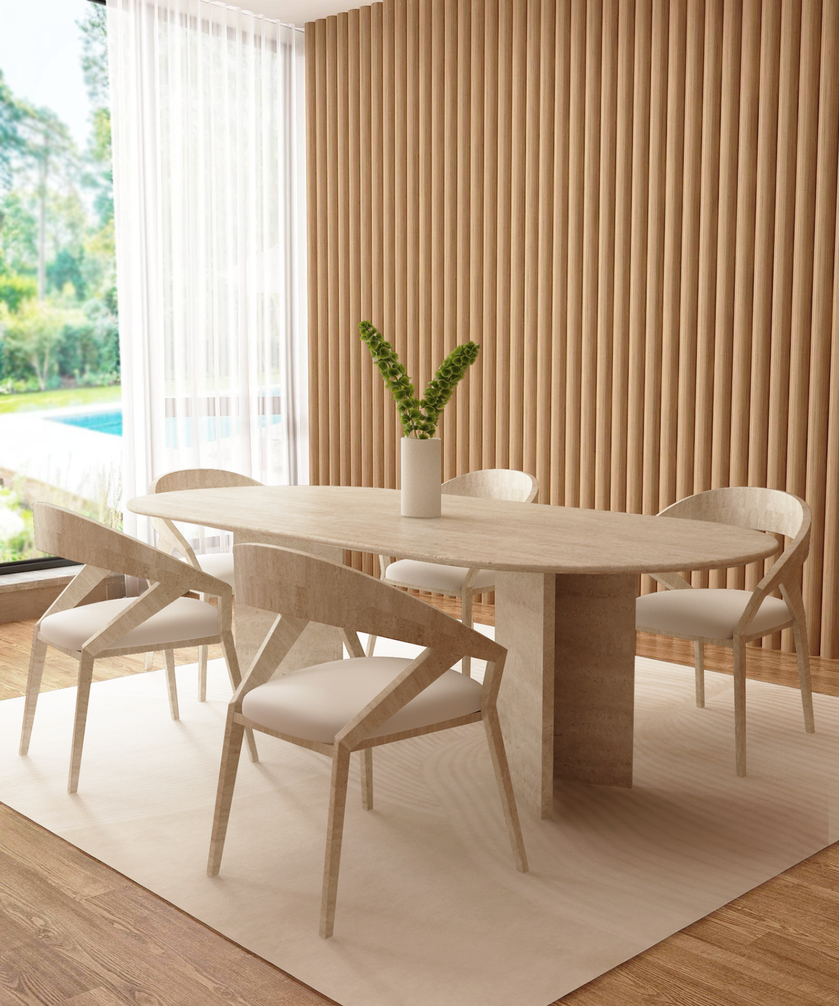 Velia – Table à manger ovale en travertin naturel avec piètement en V-Galerie Pietra