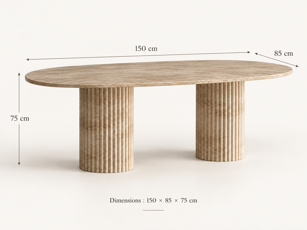 Veyla – Table à manger elliptique en travertin naturel avec piètement rainuré-Galerie Pietra