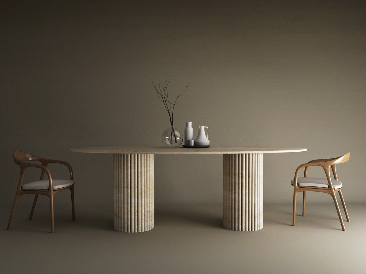 Veyla – Table à manger elliptique en travertin naturel avec piètement rainuré-Galerie Pietra