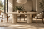 Veyla – Table à manger elliptique en travertin naturel avec piètement rainuré-Galerie Pietra
