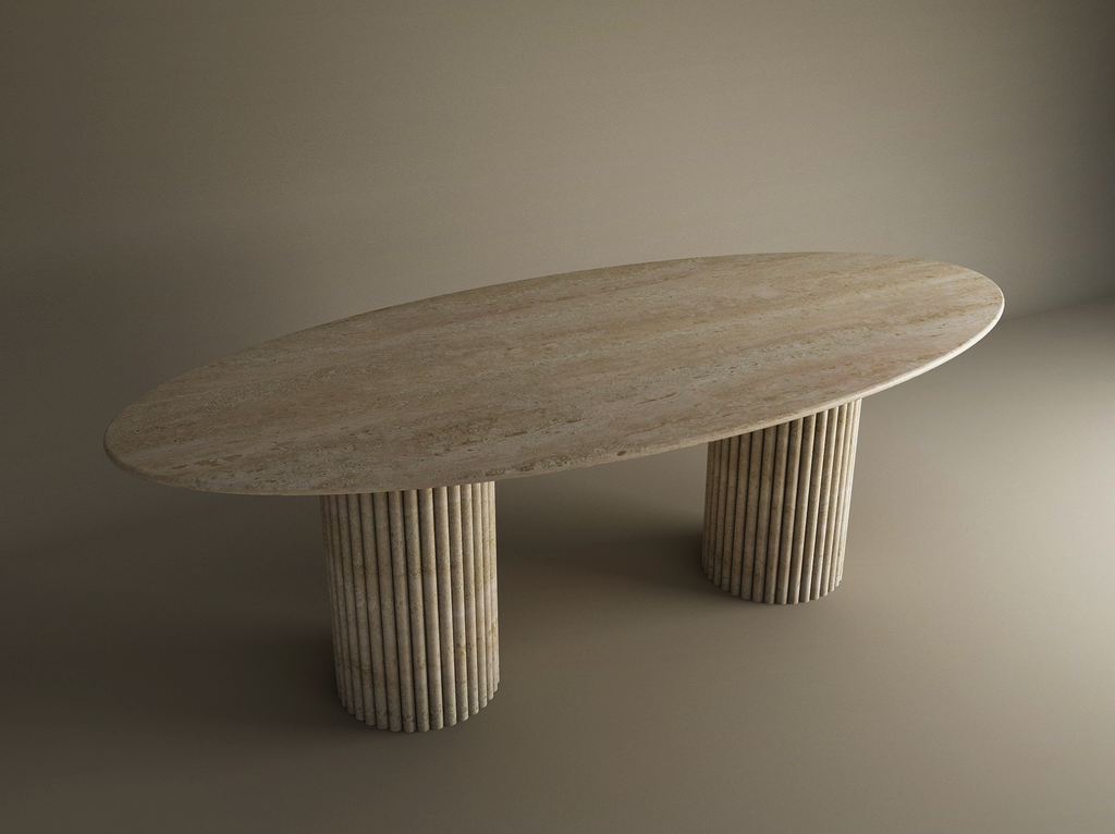 Veyla – Table à manger elliptique en travertin naturel avec piètement rainuré-Galerie Pietra