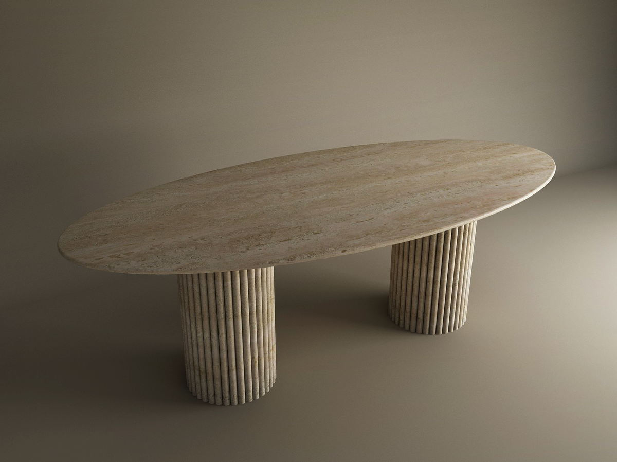 Veyla – Table à manger elliptique en travertin naturel avec piètement rainuré-Galerie Pietra