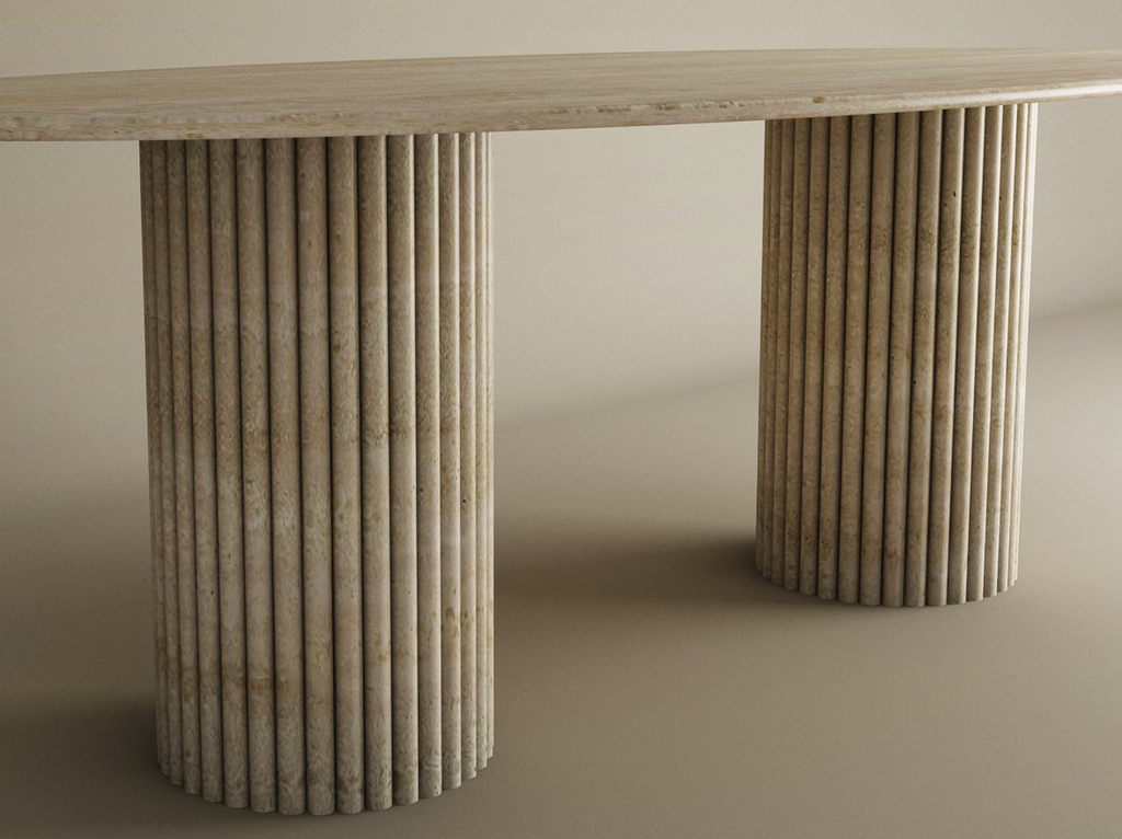 Veyla – Table à manger elliptique en travertin naturel avec piètement rainuré-Galerie Pietra