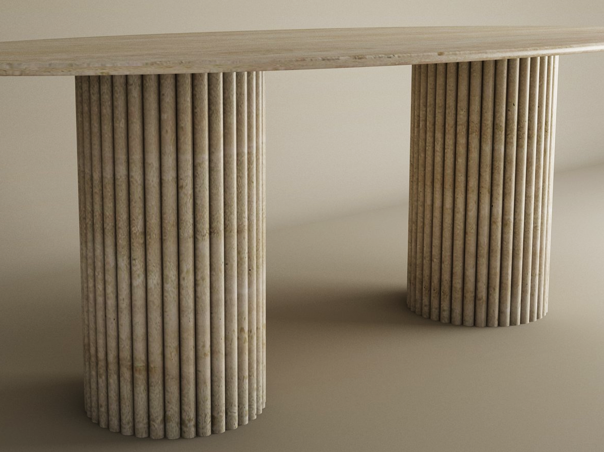 Veyla – Table à manger elliptique en travertin naturel avec piètement rainuré-Galerie Pietra
