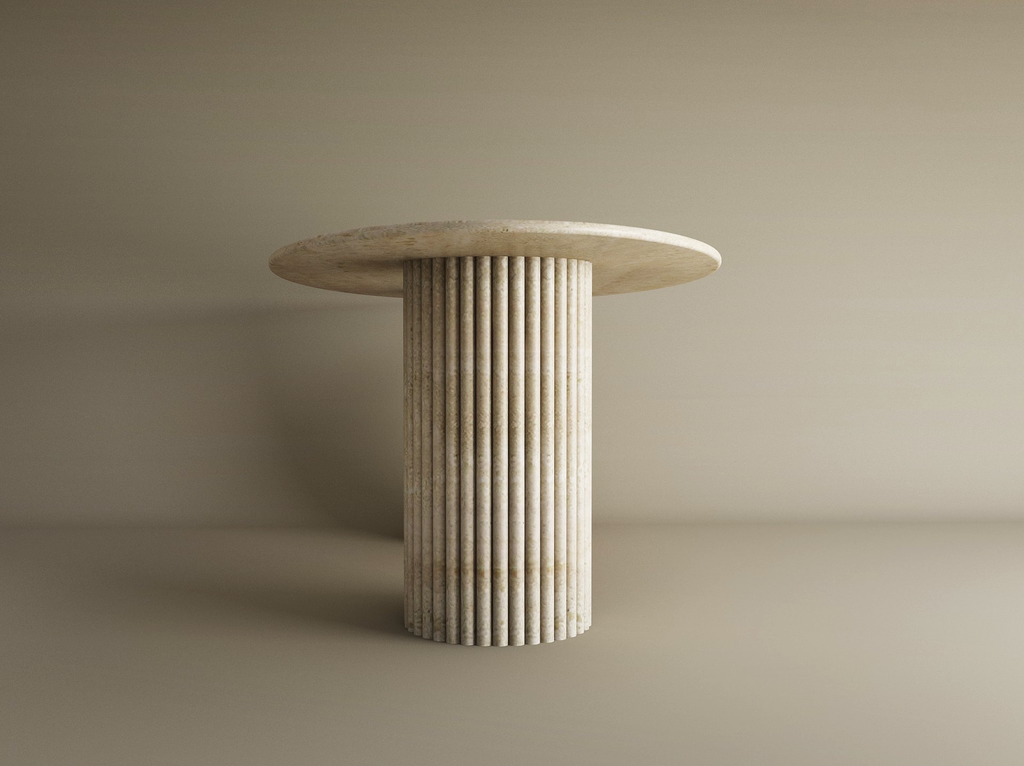Veyla – Table à manger elliptique en travertin naturel avec piètement rainuré-Galerie Pietra