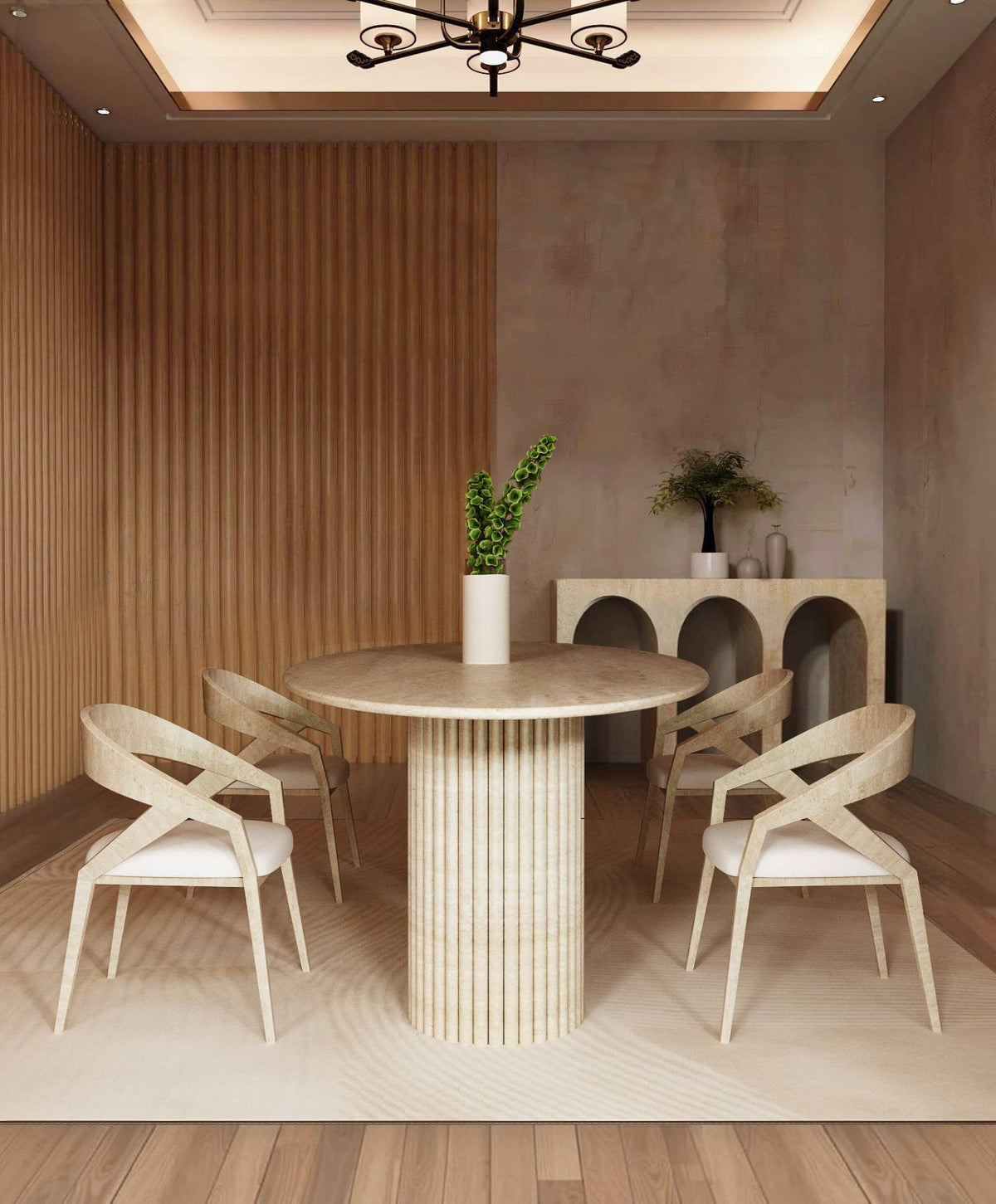 Veyla – Table à manger elliptique en travertin naturel avec piètement rainuré-Galerie Pietra