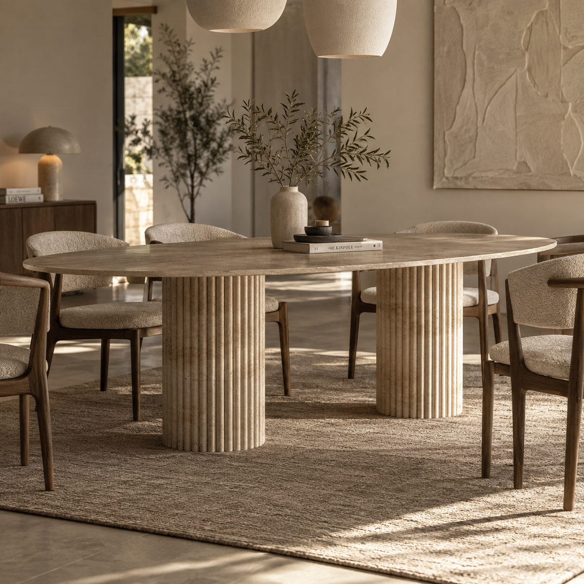 Veyla – Table à manger elliptique en travertin naturel avec piètement rainuré-Galerie Pietra