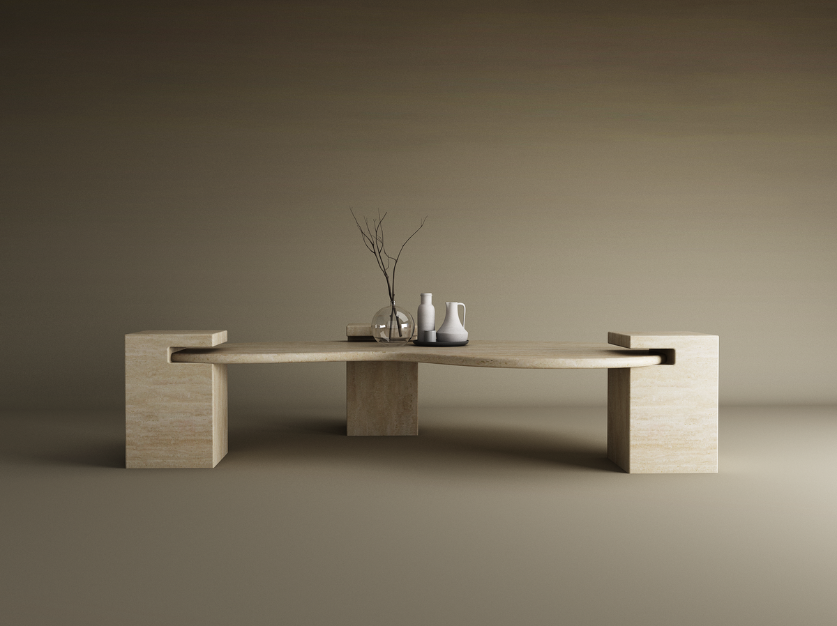 Veyra – Table basse ondulée en travertin naturel avec piètements imbriqués-Galerie Pietra