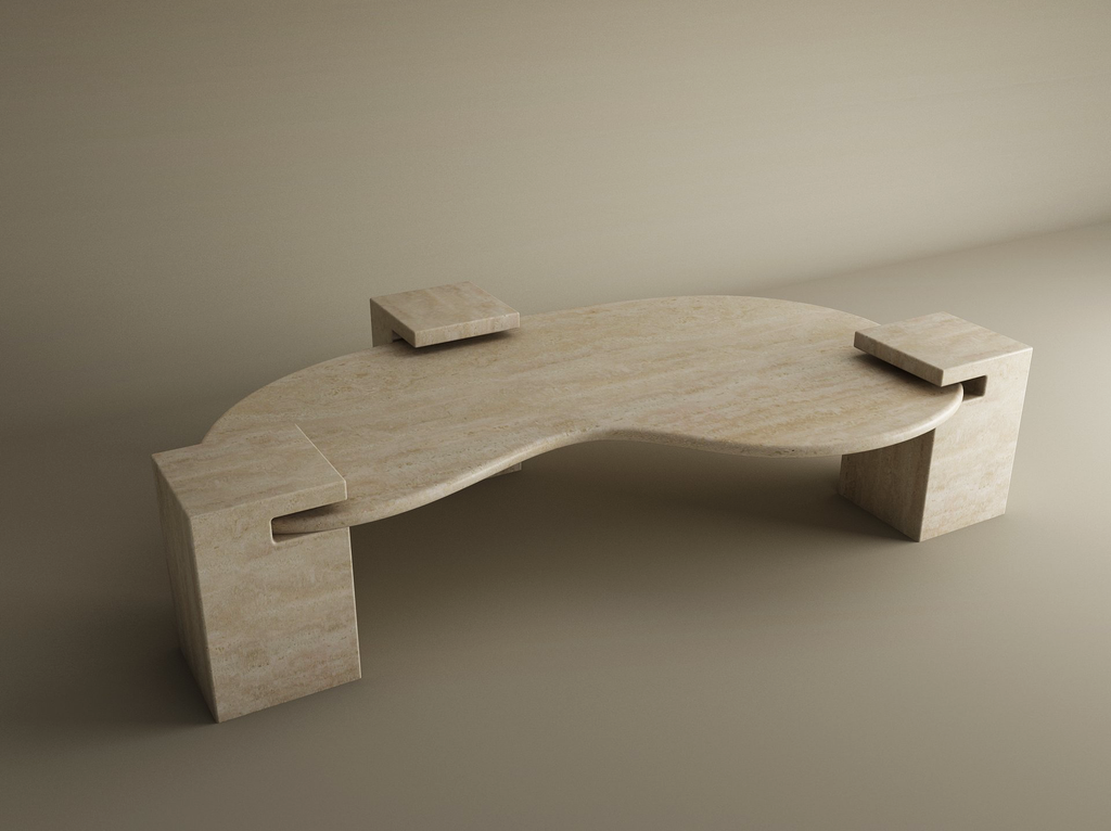 Veyra – Table basse ondulée en travertin naturel avec piètements imbriqués-Galerie Pietra