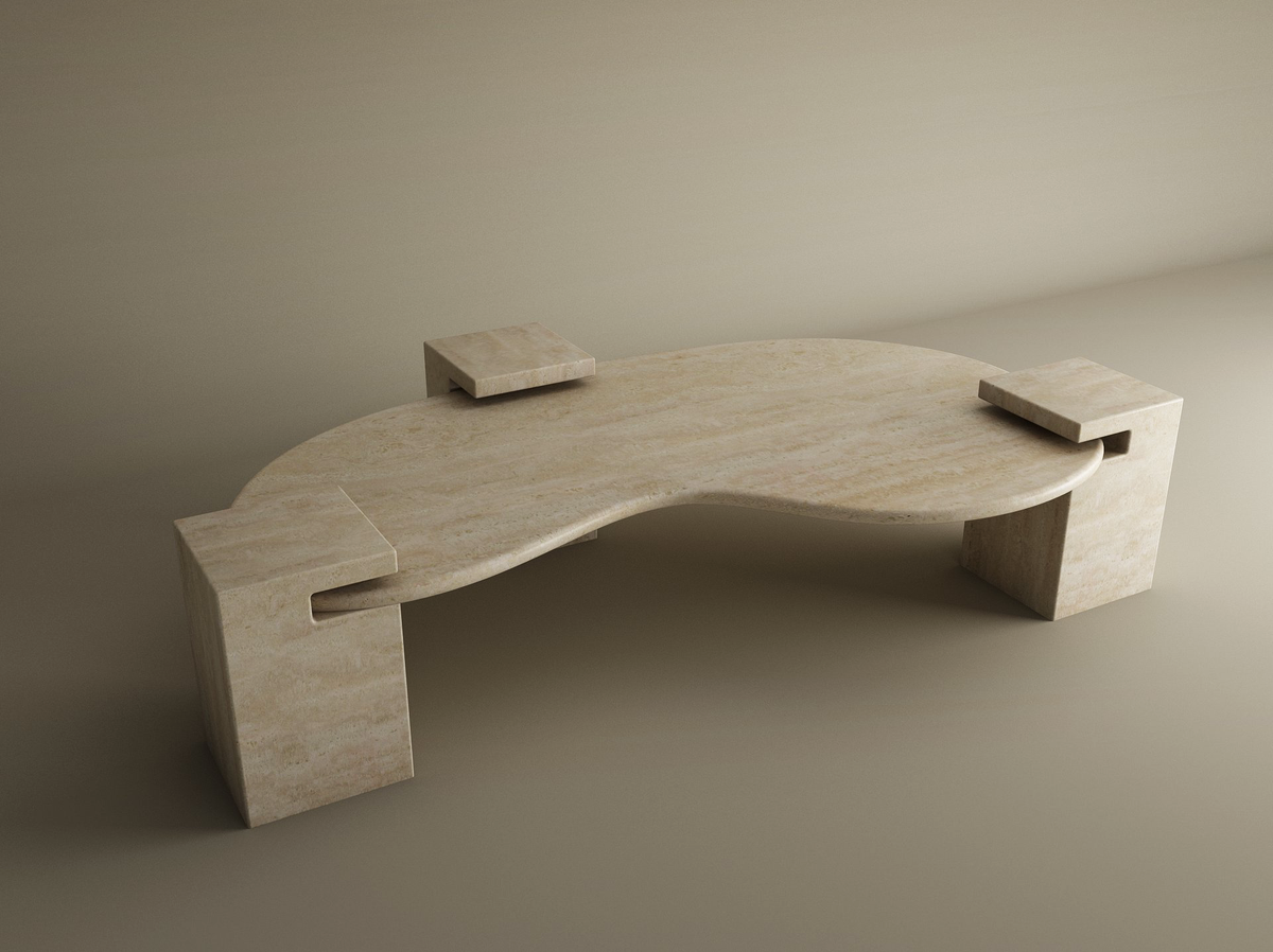Veyra – Table basse ondulée en travertin naturel avec piètements imbriqués-Galerie Pietra
