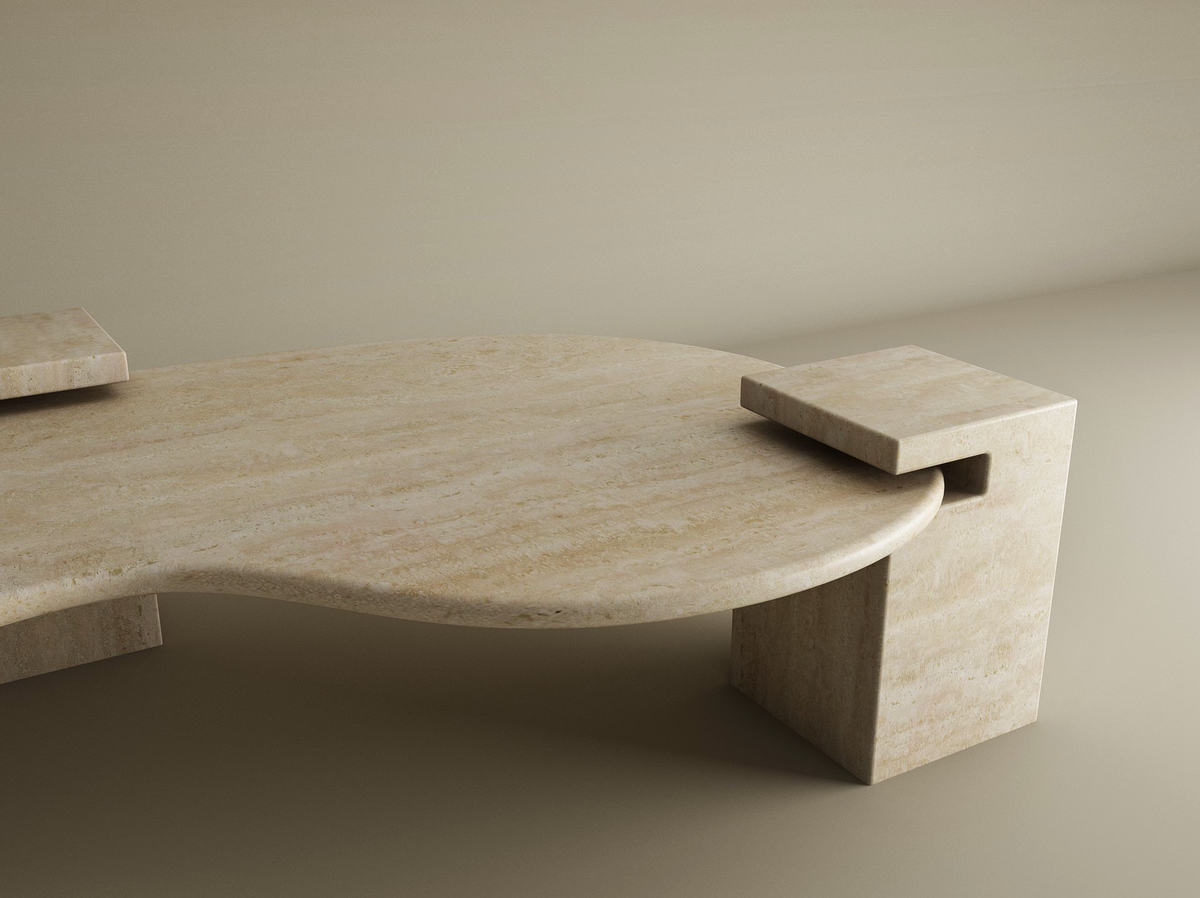 Veyra – Table basse ondulée en travertin naturel avec piètements imbriqués-Galerie Pietra
