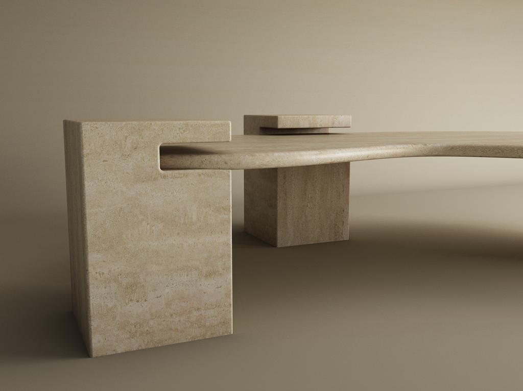 Veyra – Table basse ondulée en travertin naturel avec piètements imbriqués-Galerie Pietra