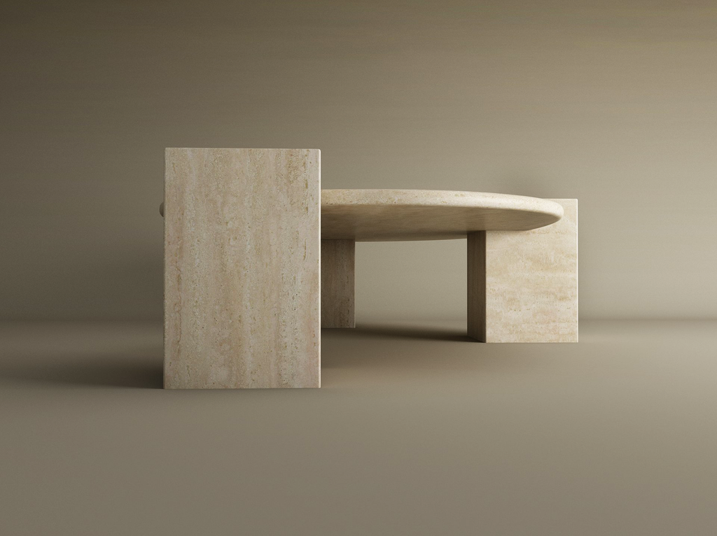 Veyra – Table basse ondulée en travertin naturel avec piètements imbriqués-Galerie Pietra