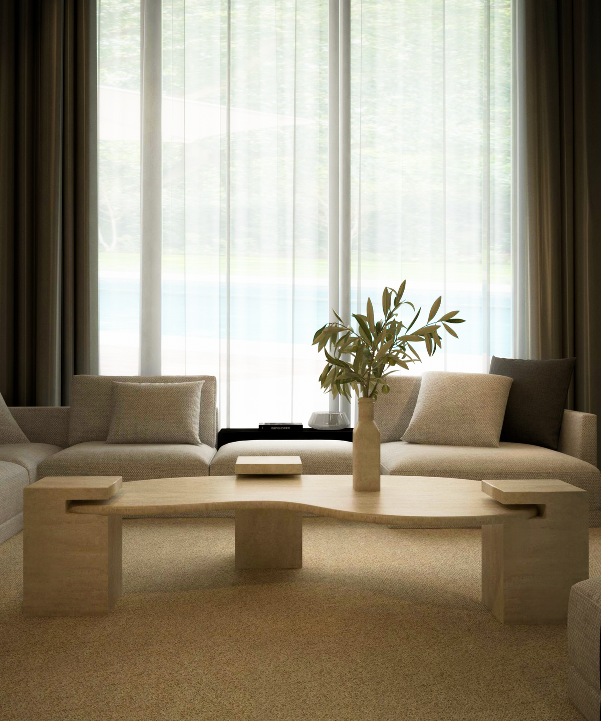 Veyra – Table basse ondulée en travertin naturel avec piètements imbriqués-Galerie Pietra