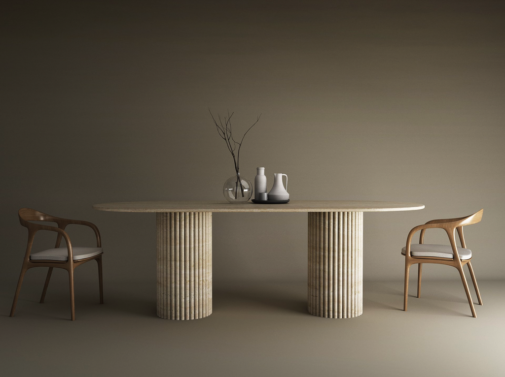 Virea – Table à manger ovale en travertin naturel avec piètement rainuré-Galerie Pietra