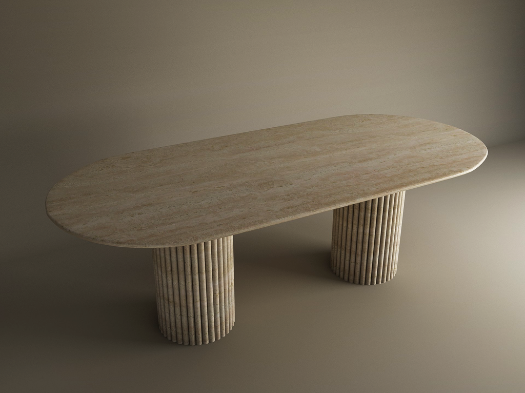 Virea – Table à manger ovale en travertin naturel avec piètement rainuré-Galerie Pietra