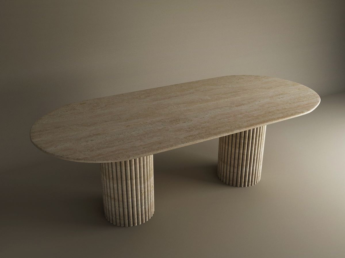Virea – Table à manger ovale en travertin naturel avec piètement rainuré-Galerie Pietra
